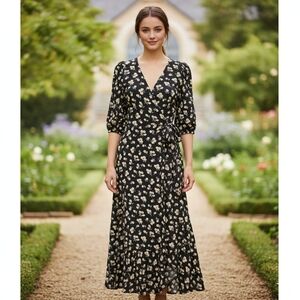 Propaganda Floral Midi Wrap Dress XXS Tie Waist Black White 3/4 Sleeve V-Neck